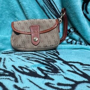 Dooney & Bourke Tan Monogram Wristlet with Brown Trim